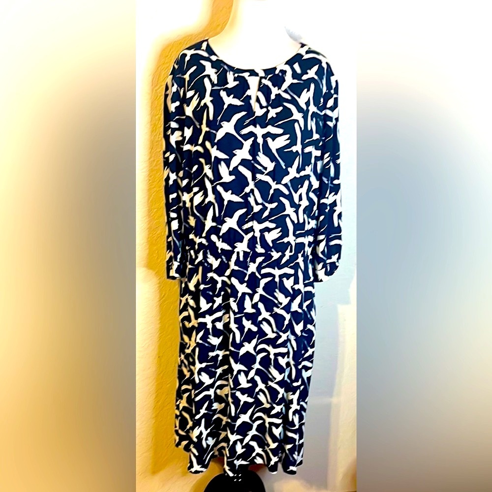 Talbots Black and White Bird Print Long Sleeve Dress